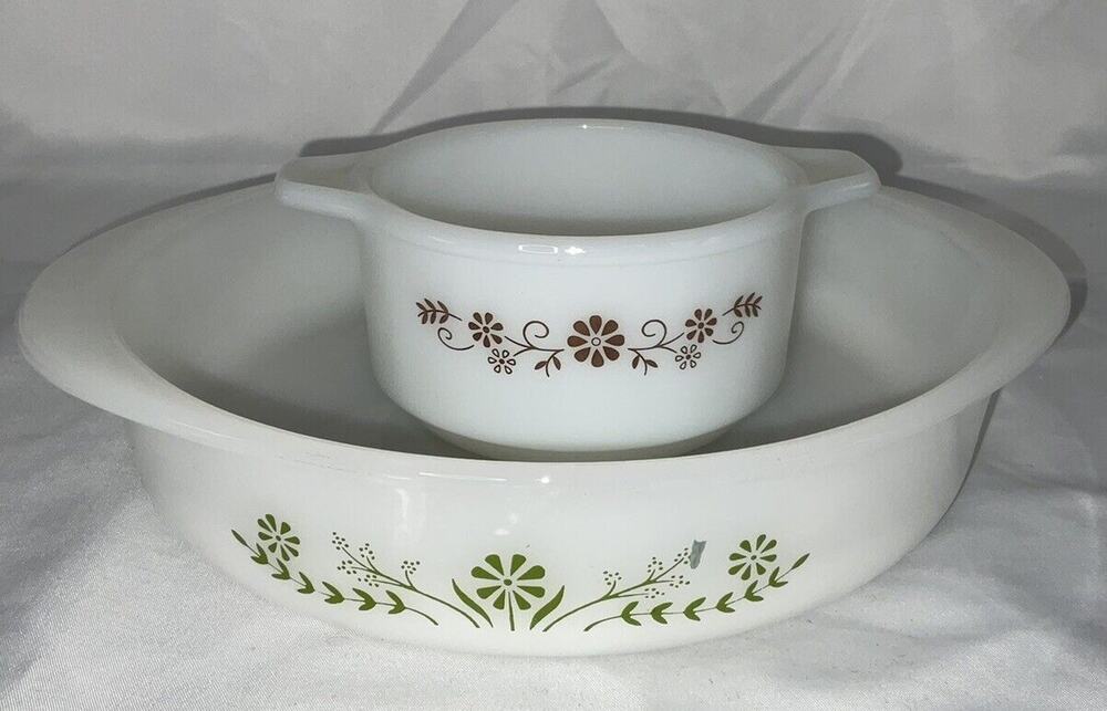 GLASBAKE 8” GREEN CRAZY DAISY PYRO-O-REY BROWN 6” BROWN DAISY CASSEROLE DISHES